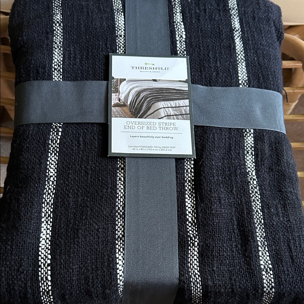 Threshold Oversized Charcoal and White Stripe End of Bed Throw. 60” x 80”